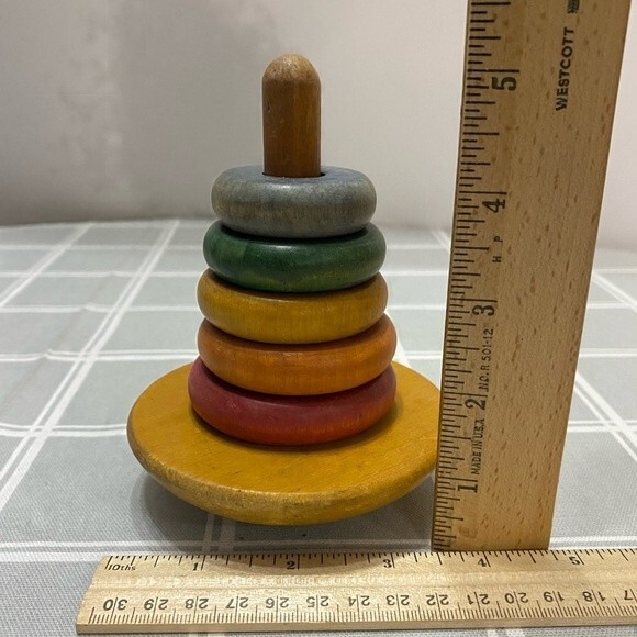 Classic Wooden Rainbow Color Cone Rocking Pyramid Stacking Toddler Child Kid Toy - Picture 3 of 3